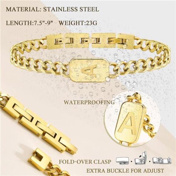 Mens Personalized Initial Bracelet Adjustable Stainless Steel Cuban Chain Jewelr - Picture 6 of 7